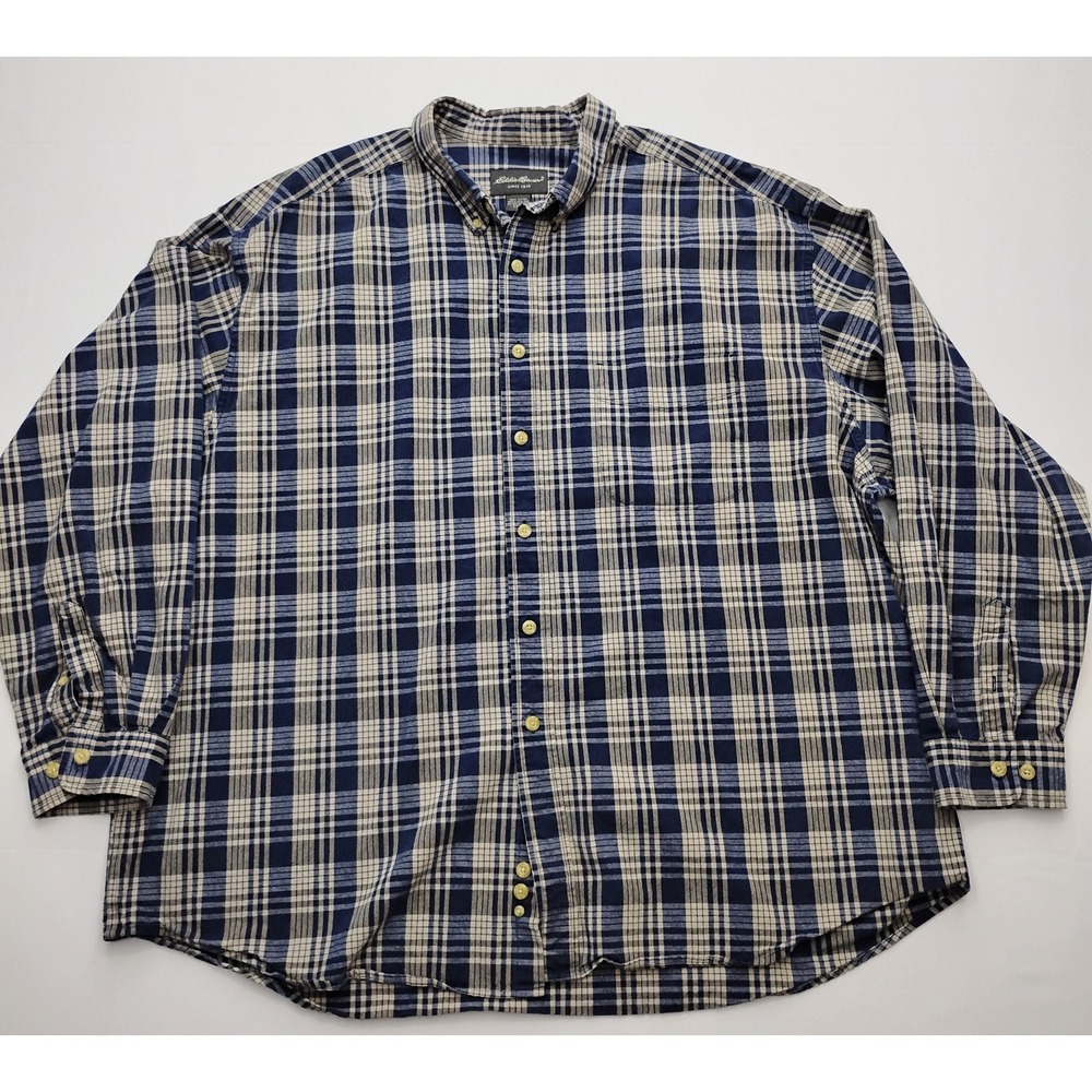 Eddie Bauer Shirt Mens XXXL 3XL Blue Plaid Flannel Button Down Cotton Vintage
